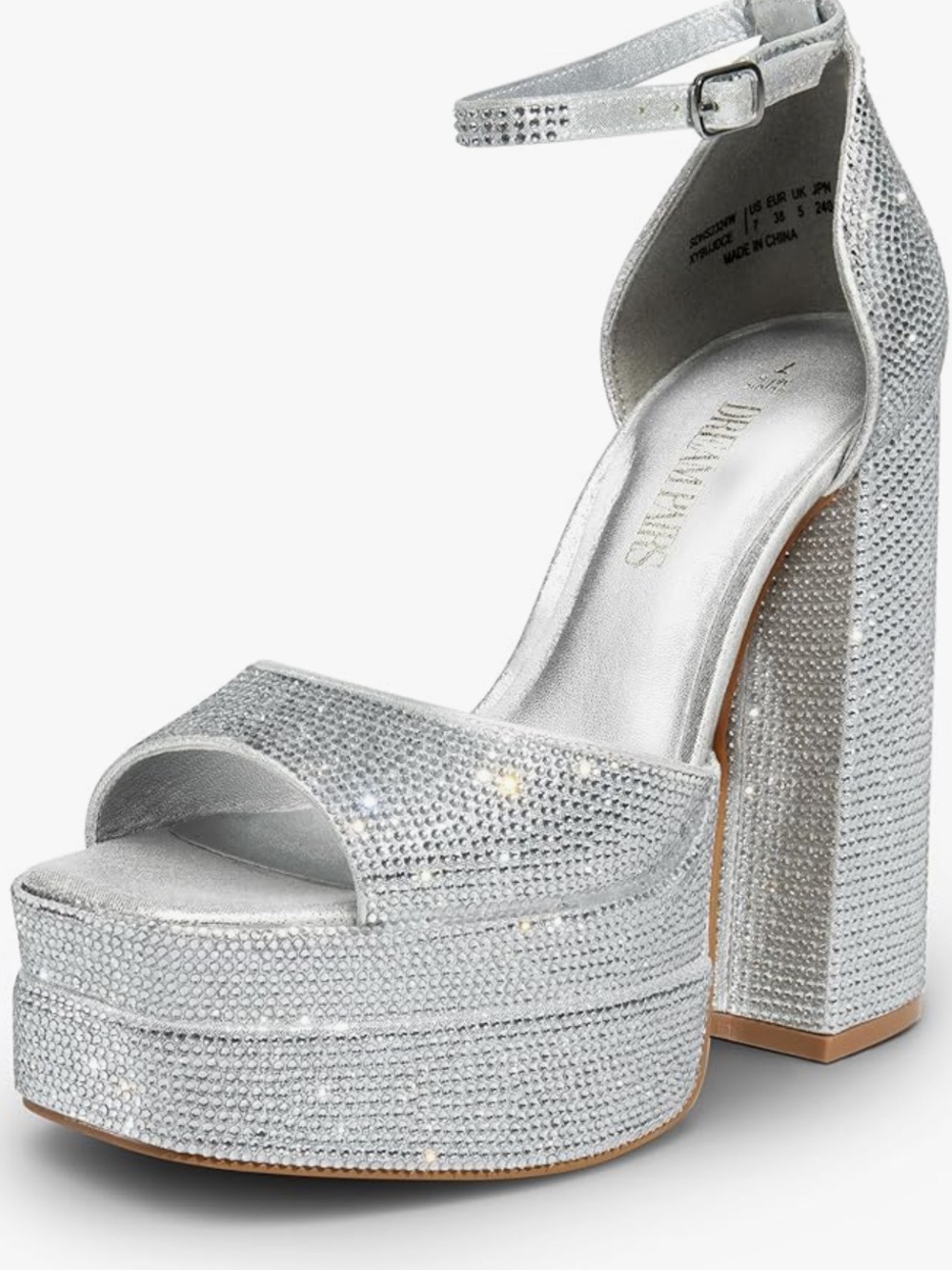 Dream Pairs Silver Rhinestone Chunky Platform Ankle Strap Heels Size 8